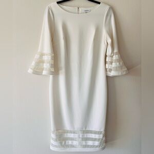 Calvin Klein Cream Midi Sheath Dress with Tiered Bell Sleeves